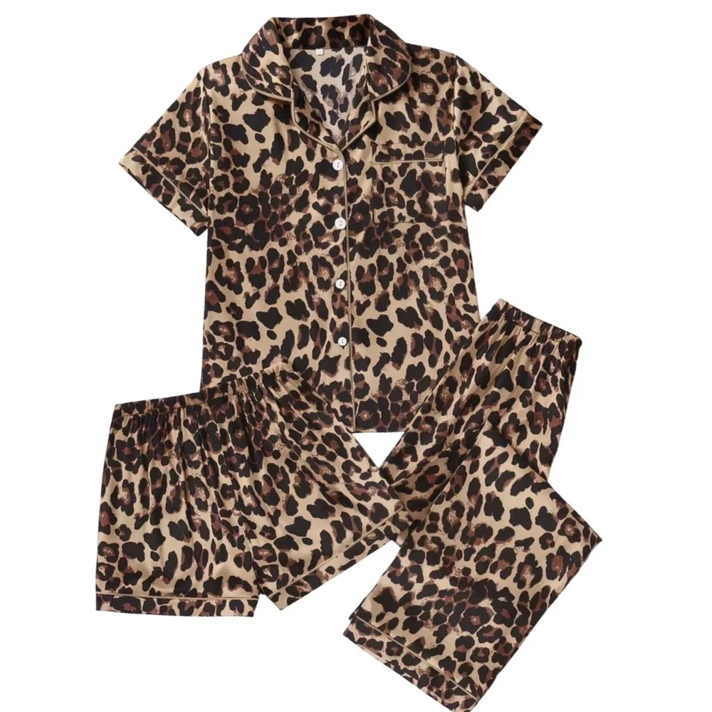 Leopard Satin 3-Piece Pajama Set XL Short Sleeve Top Shorts Pants Gold Brown